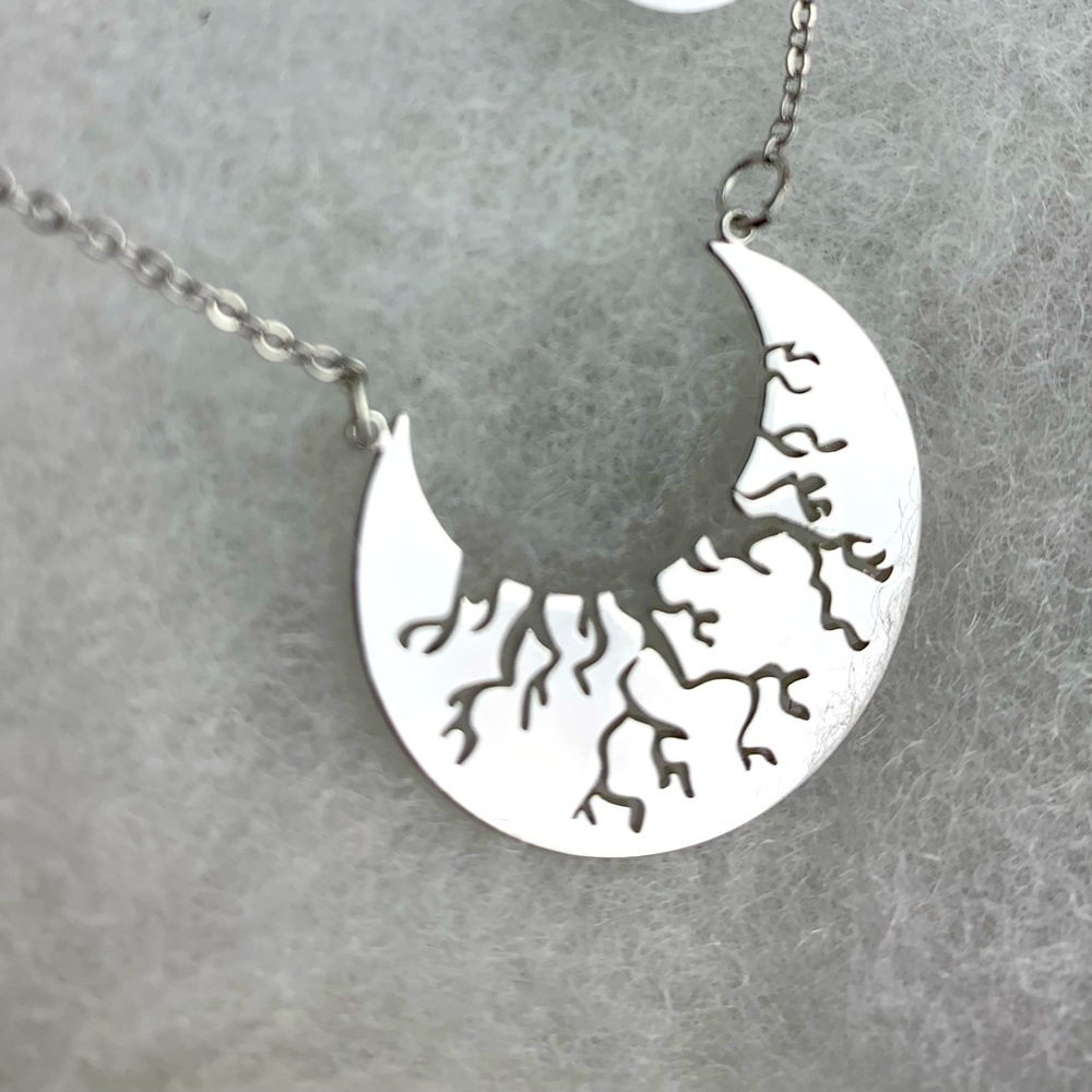 Stainless steel “Heavens Earth” Crescent moon necklace 30-32” chain